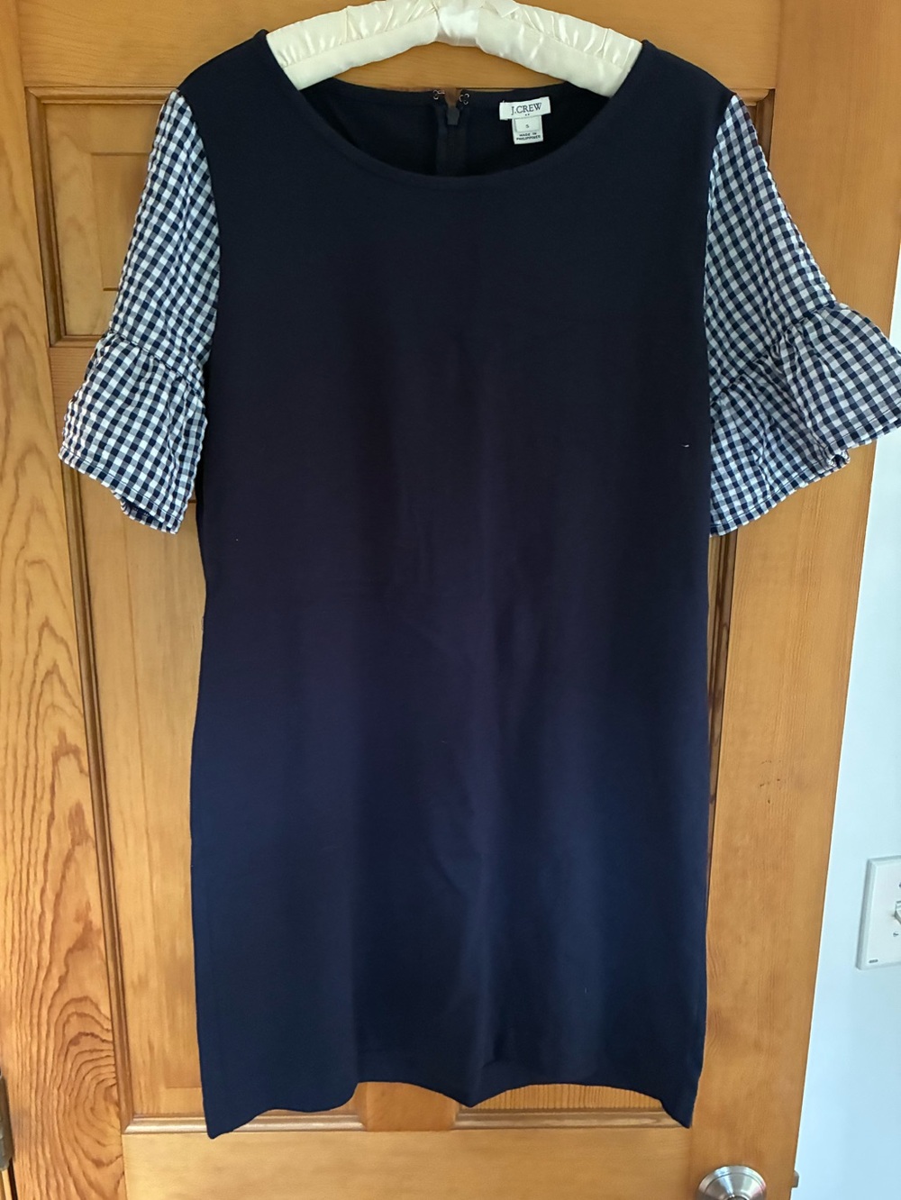 J. Crew Navy Shift Dress with Gingham Sleeve Detail